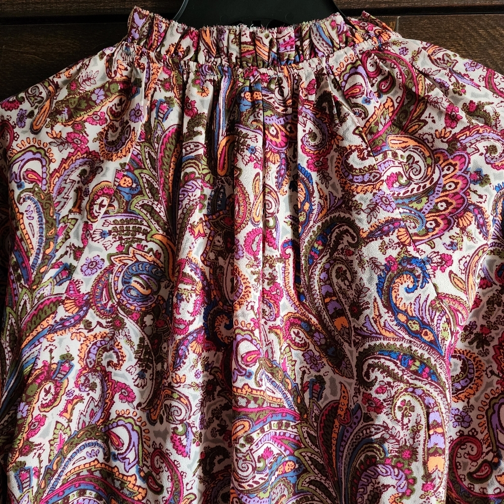 Democracy Woven Top Paisley Print 3/4 Blouson Sleeve Ruffle V-Neck Sage Burry S. - Picture 5 of 11
